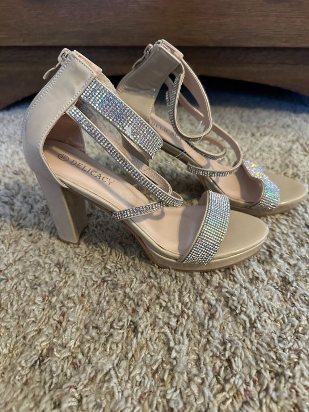 Delicacy Womens Beige Rhinestone Strap High Heel Sandals With Back Zipper 10